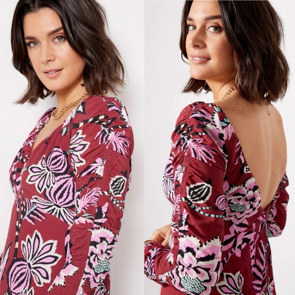 FARM RIO Burgundy Pineapple Inspiration Floral Print V Neck Open Back Maxi Dress - Picture 6 of 11